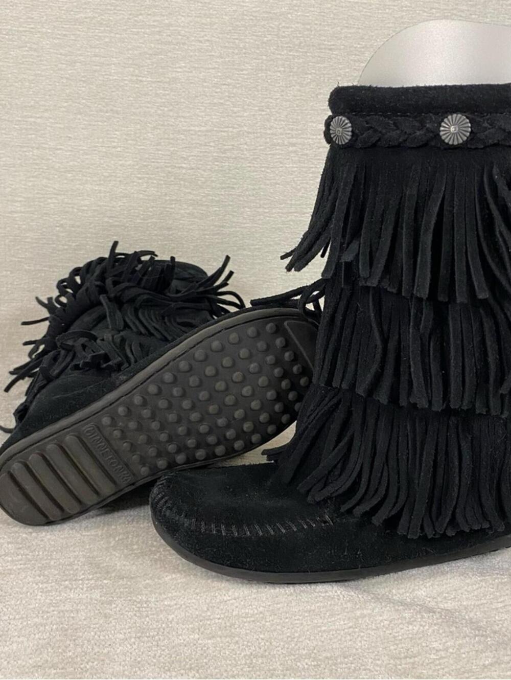 Black Suede Fringe Boots Moccasins Braided Embellished trim kids size one 1